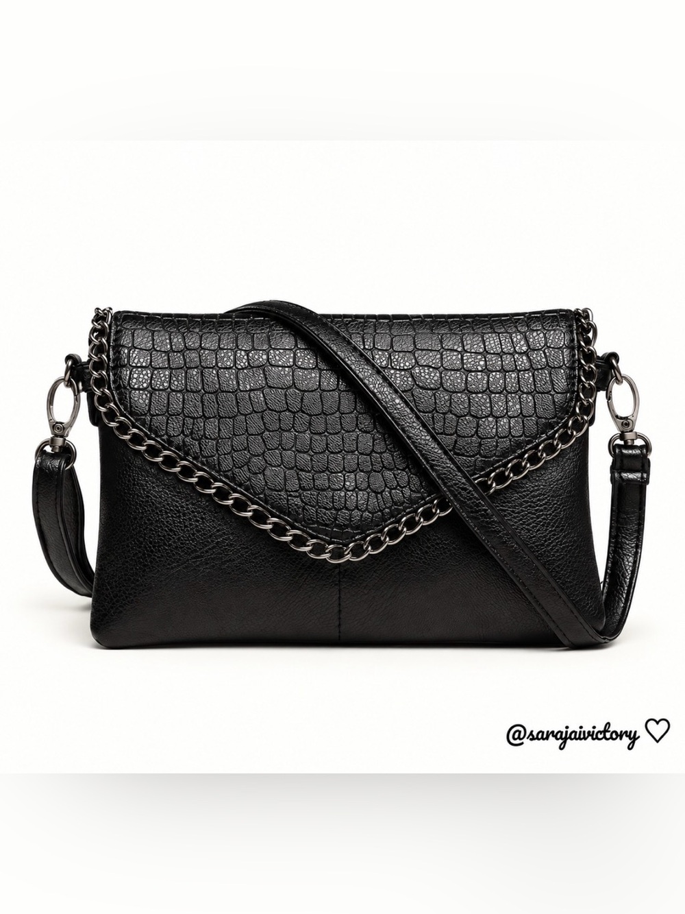 Black Croco-Texture Chain Accent Crossbody Bag